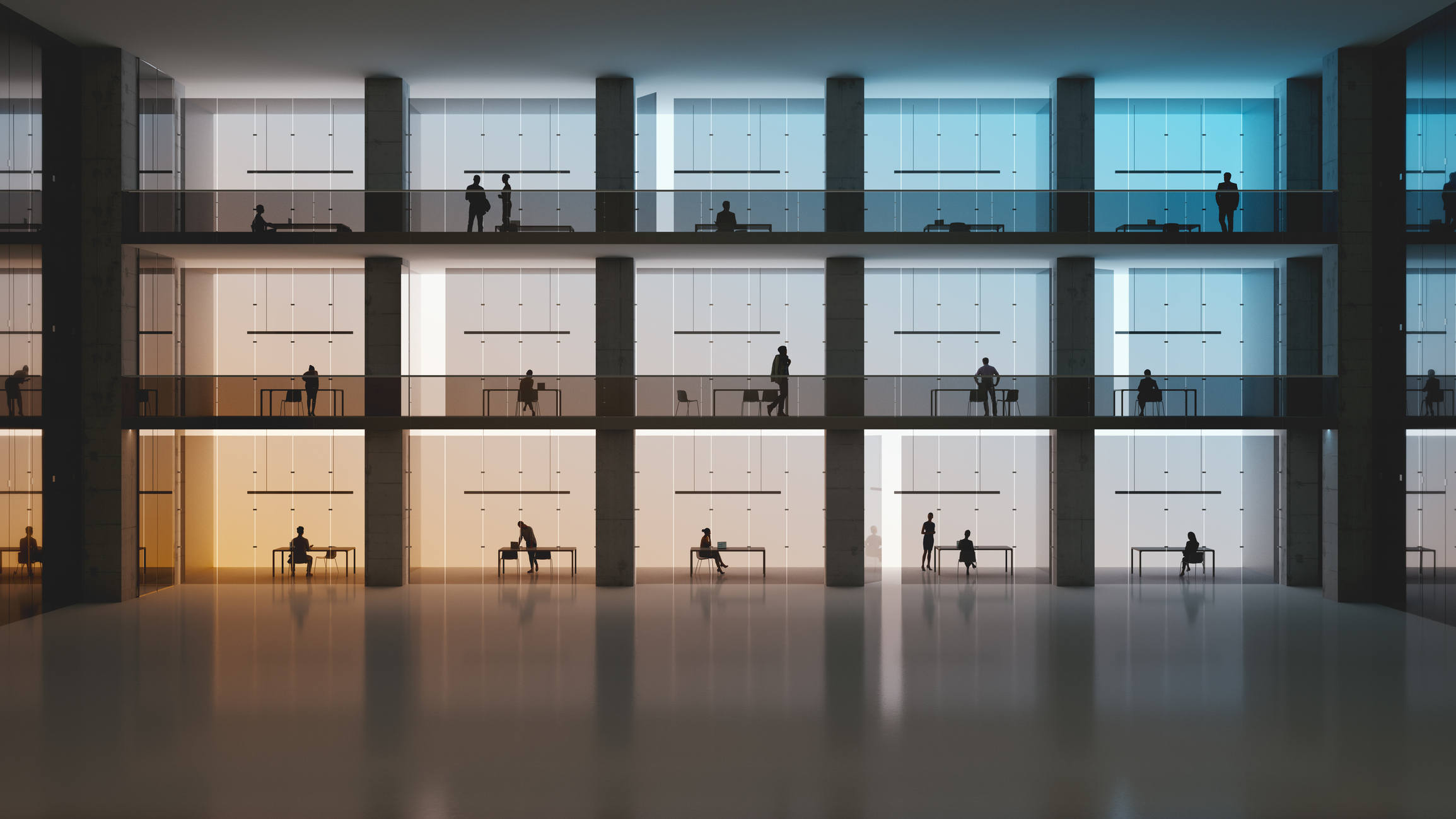 Backlit people working in their cubicles, all objects in the scene are 3D