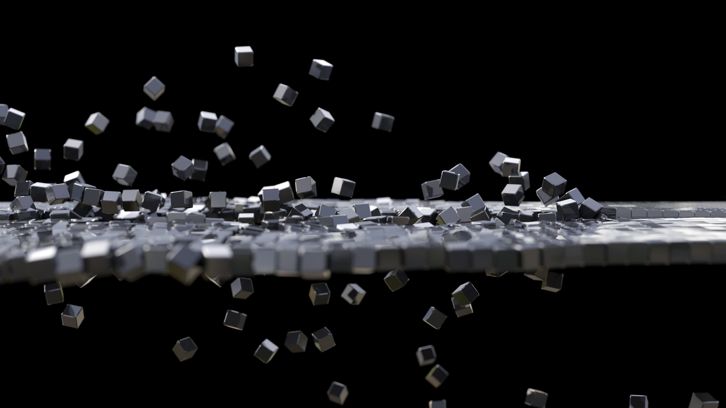 Dynamic 3D visualization showing metallic gray cubes breaking apart, exploding, and dispersing in all directions against black background. The fragmented geometric blocks create a dramatic effect symbolizing disruption, transformation, data dispersion, decentralization, breakdown, destruction, chaos, particle explosion, or digital disintegration. Perfect for illustrating concepts like blockchain technology, big data distribution, system failure, creative destruction, or dynamic change processes.