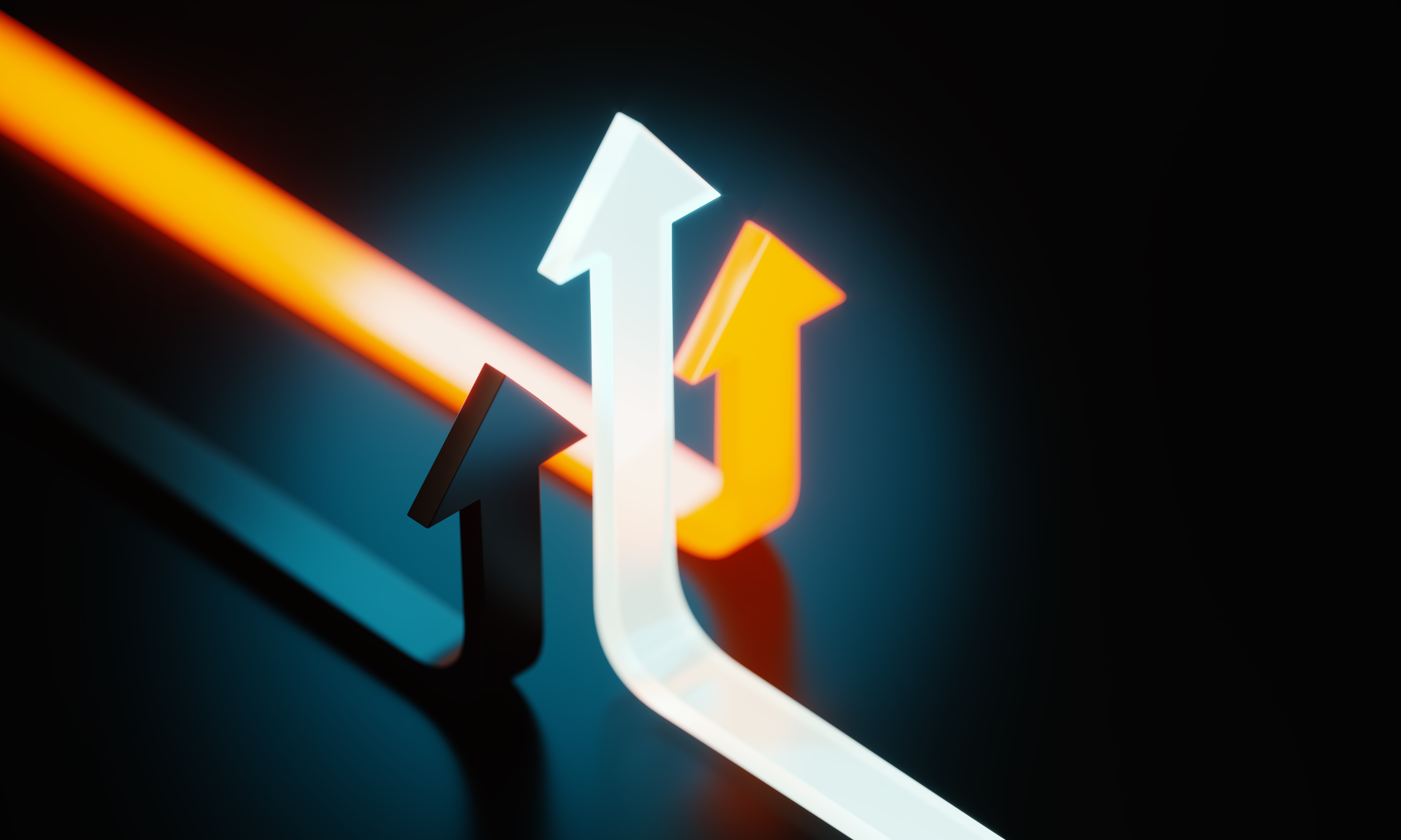 Yellow white and black colored arrows moving up in the same direction on black background. Teamwork concept.