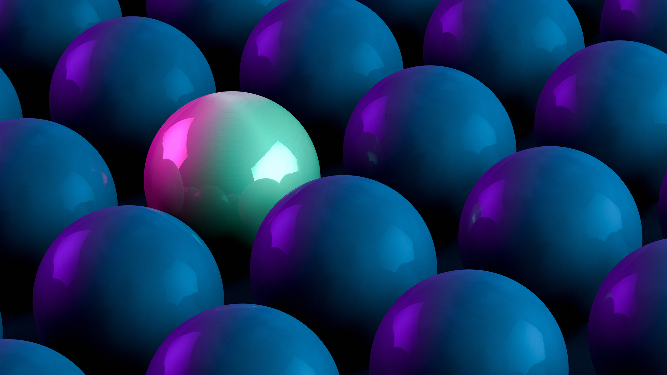 3d rendering of spheres, Teamwork and leadership business concept on dirty black background. Neon lights.