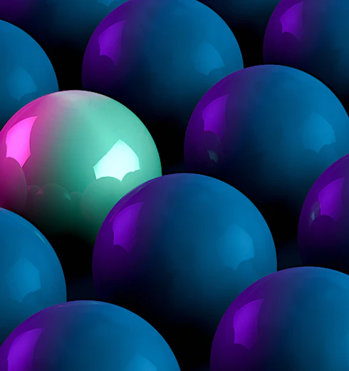 3d rendering of spheres, Teamwork and leadership business concept on dirty black background. Neon lights.