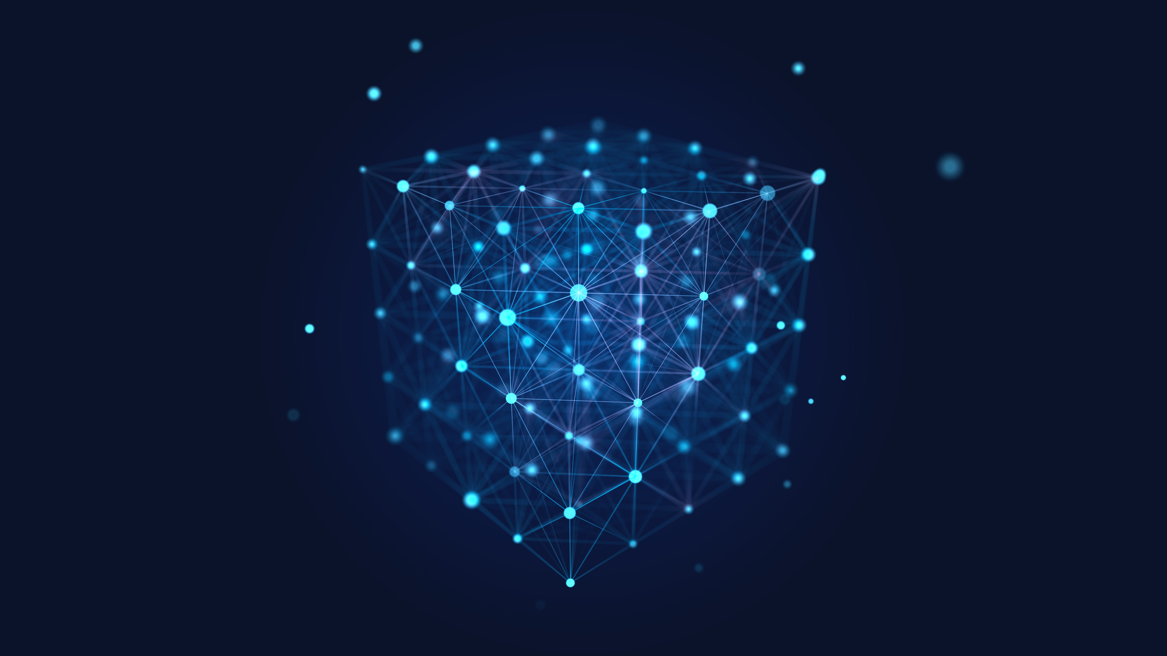 Digital communication matrix. Cubic space. Information flows. Technological basis of neural networks. 3D rendering.
